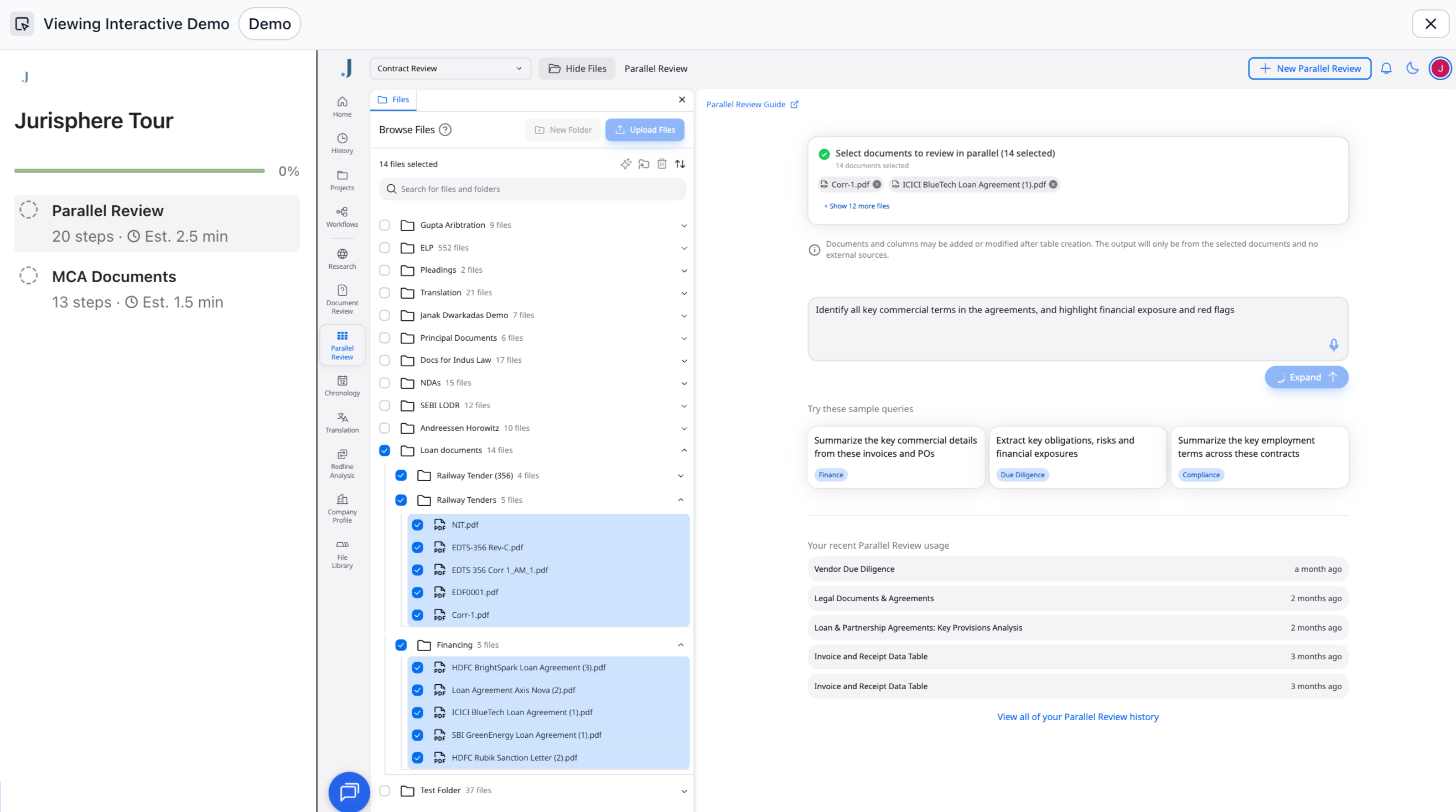 Jurisphere product interface showing document management and parallel review features